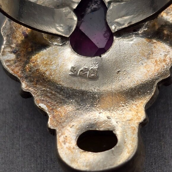 925 Silver-Plated Ring Size 7.5 VTG Glass Teardrop & Amber Cabochon Statement - Picture 5 of 14